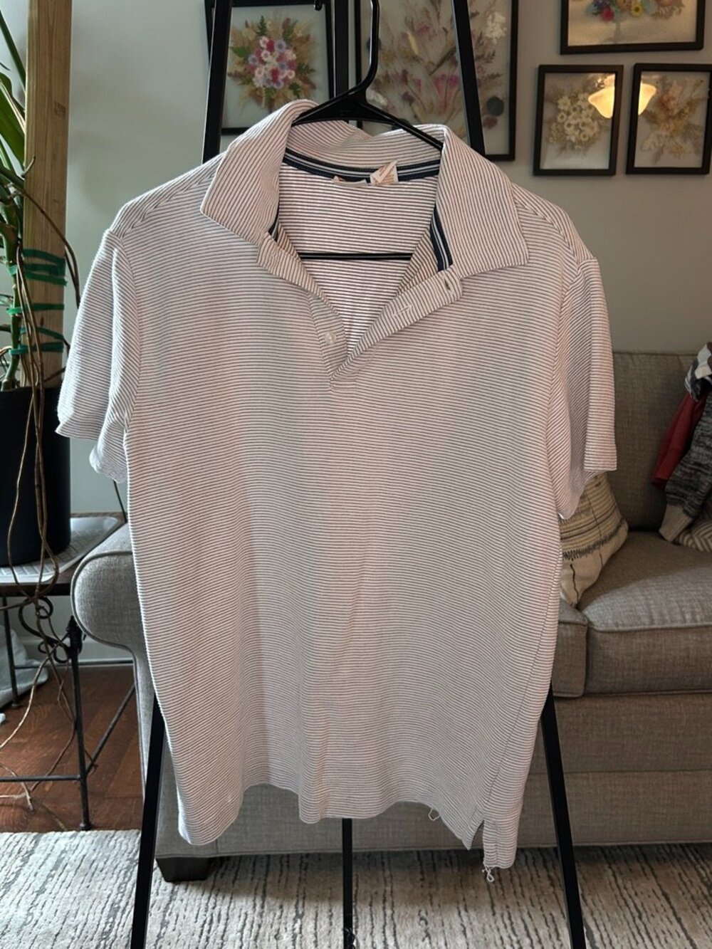 Men's White Fine Stripe Short Sleeve Polo Shirt Casual Golf